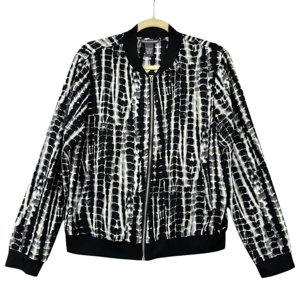 Chelsea & Theodore Bomber Jacket Womens L Polyester Tie Dye Black White